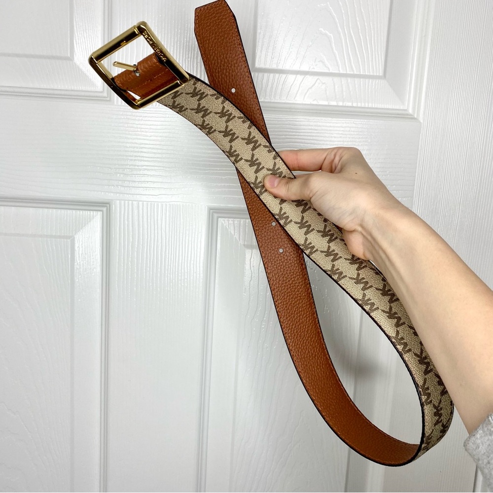 Michael Kors Reversible Logo MK Tan Brown Leather Belt Gold Size Small NWOT - Picture 7 of 15